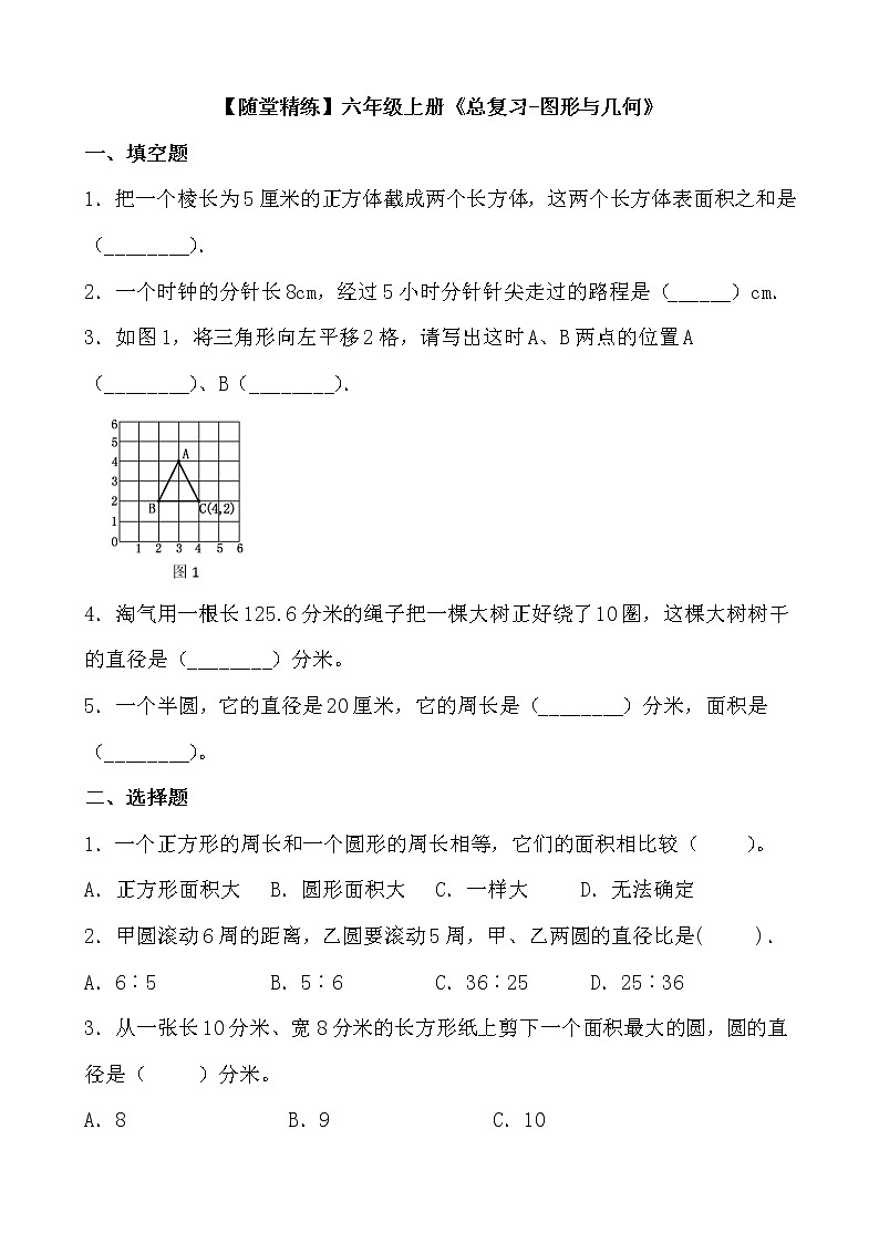 北师大版数学六年级上册《总复习-图形与几何》随堂精练(有答案)01