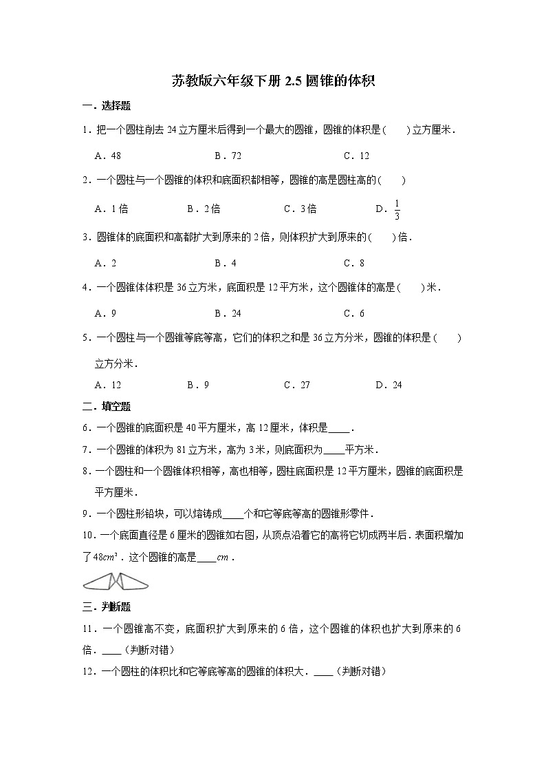 苏教版六年级下册2.5圆锥的体积练习题第1页