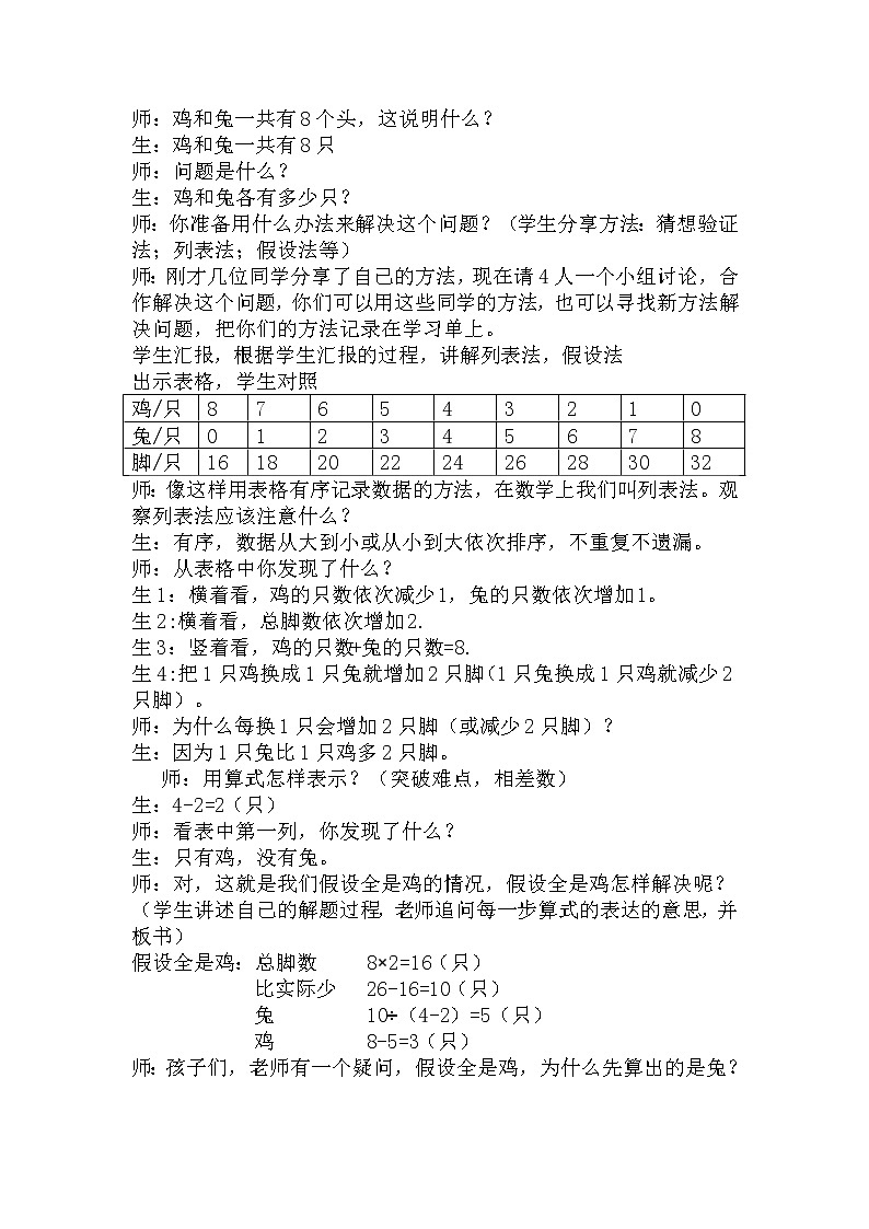 数学四年级下册-鸡兔同笼教学设计 人教版第2页