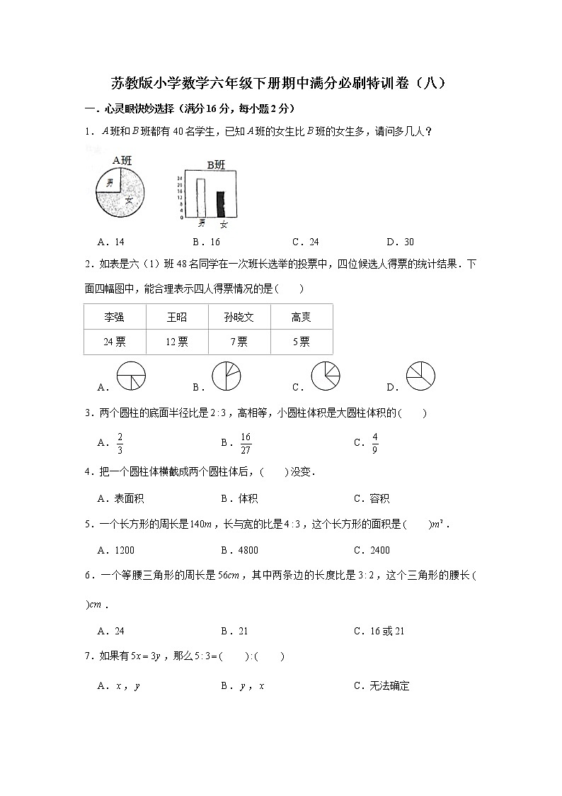 苏教版小学数学六年级下册期中满分必刷特训卷(八)(word版,含答案)第1页