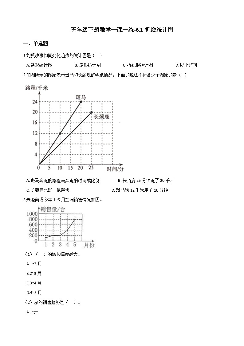 五年级下册数学一课一练-6.1折线统计图 西师大版(含答案)第1页