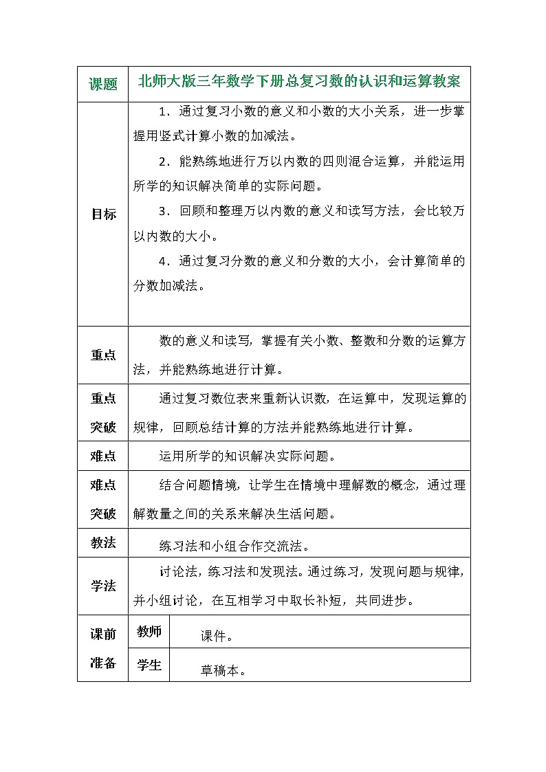 北师大版三年数学下册总复习数的认识和运算教案第1页