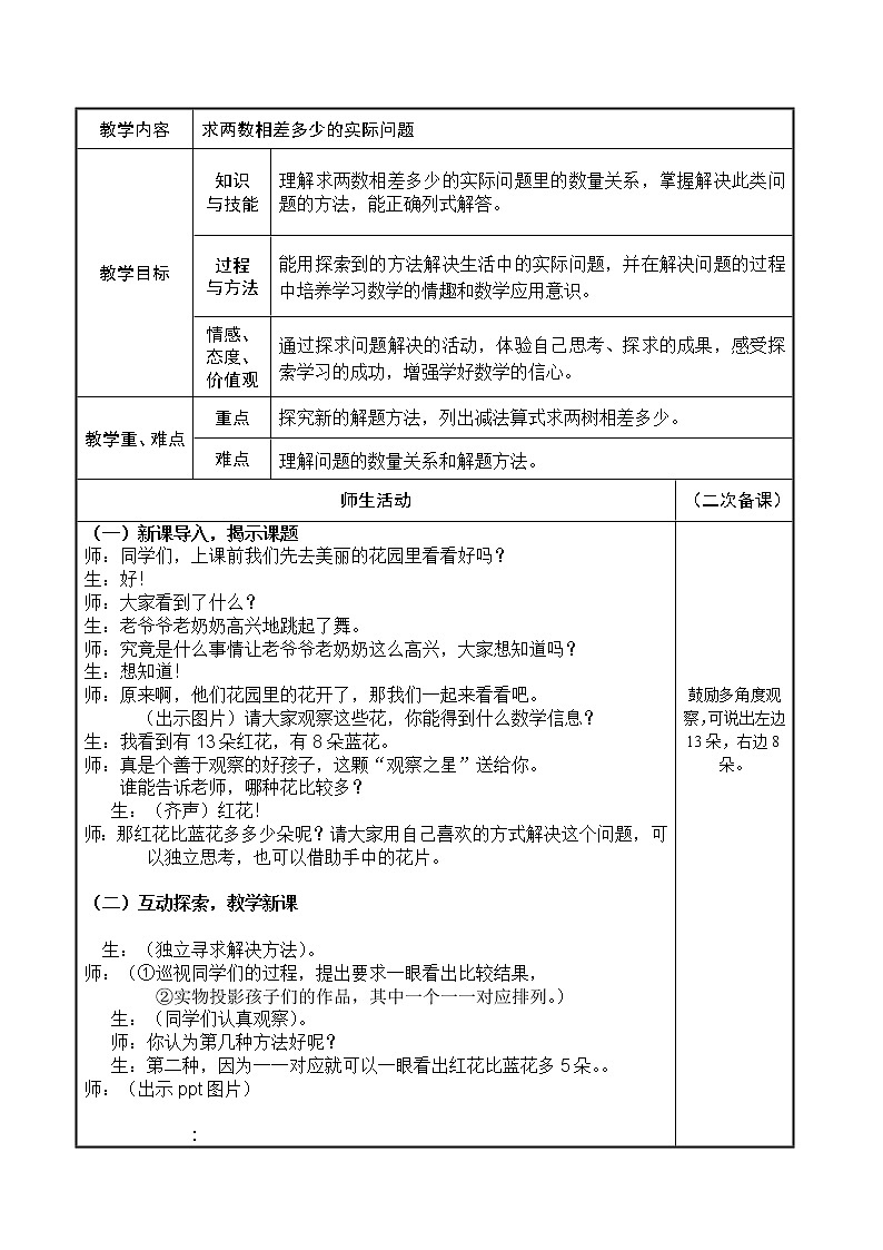 一年级下册数学教案-4.11 求两个数相差多少的实际问题丨苏教版 (1)第1页