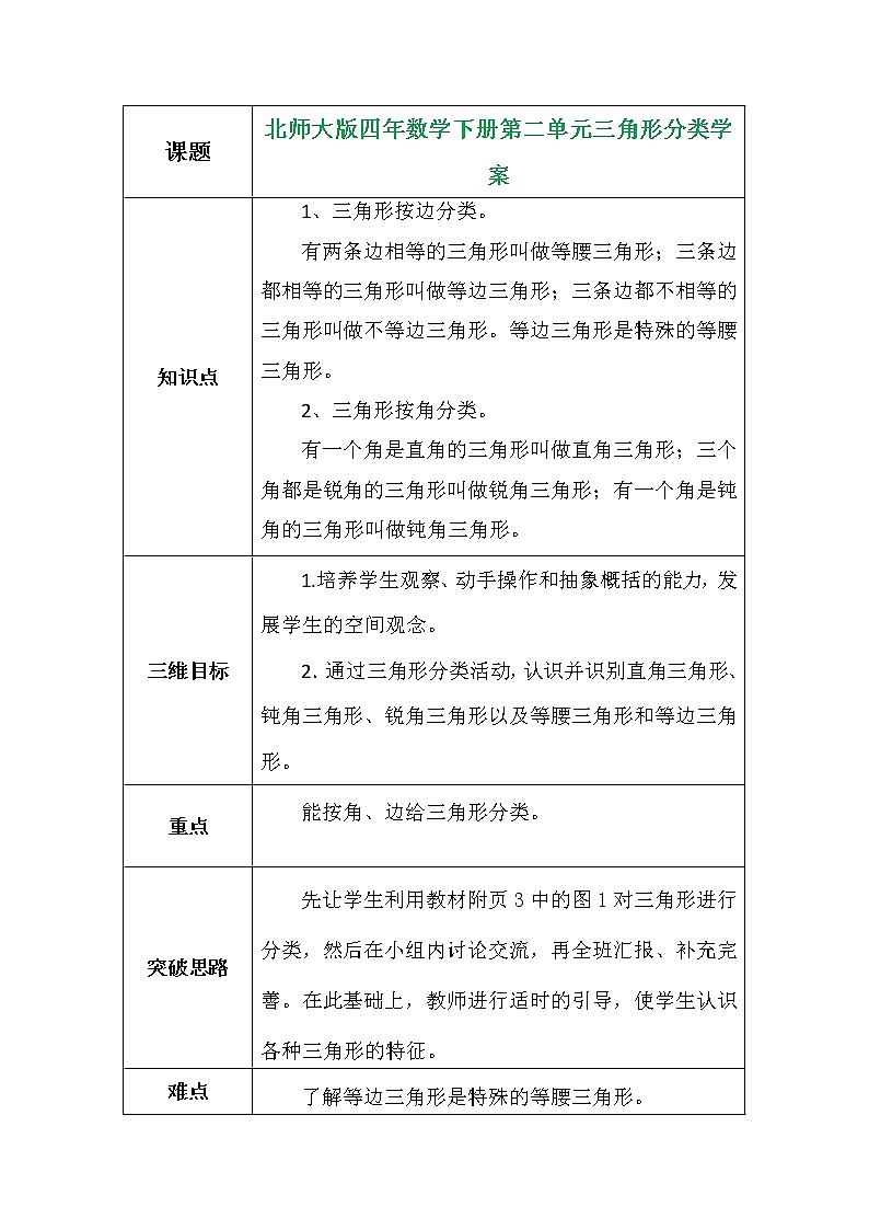 北师大版四年数学下册第二单元三角形分类学案01