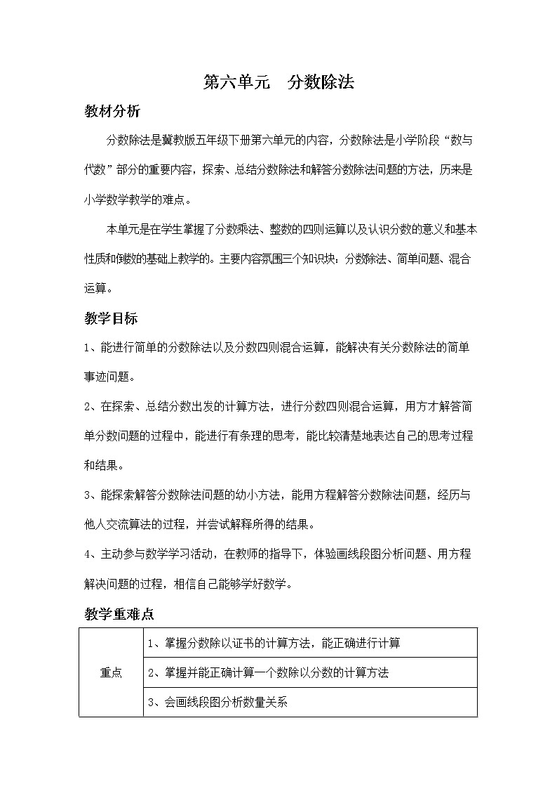 冀教版五年级数学下册《第六单元概述与课时安排》教案教学设计01