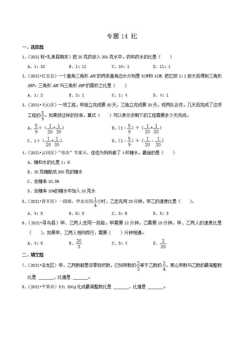 2022年小升初专题强化训练 专题14《比》01
