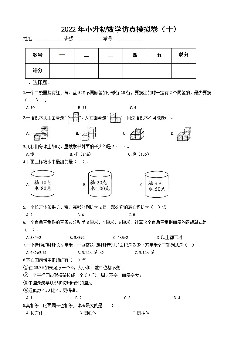 2022年小升初数学仿真模拟卷(十)(有答案,带解析)第1页