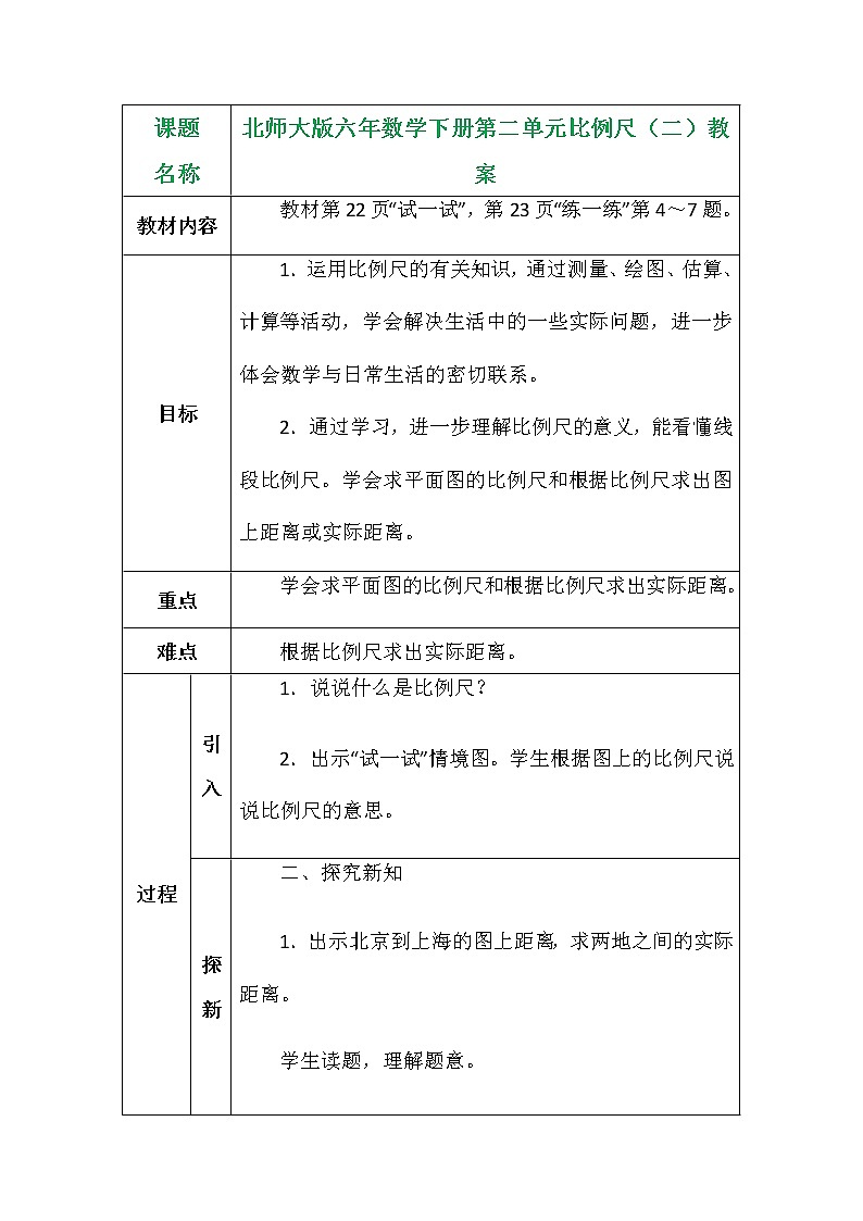北师大版六年数学下册第二单元比例尺(二)教案第1页