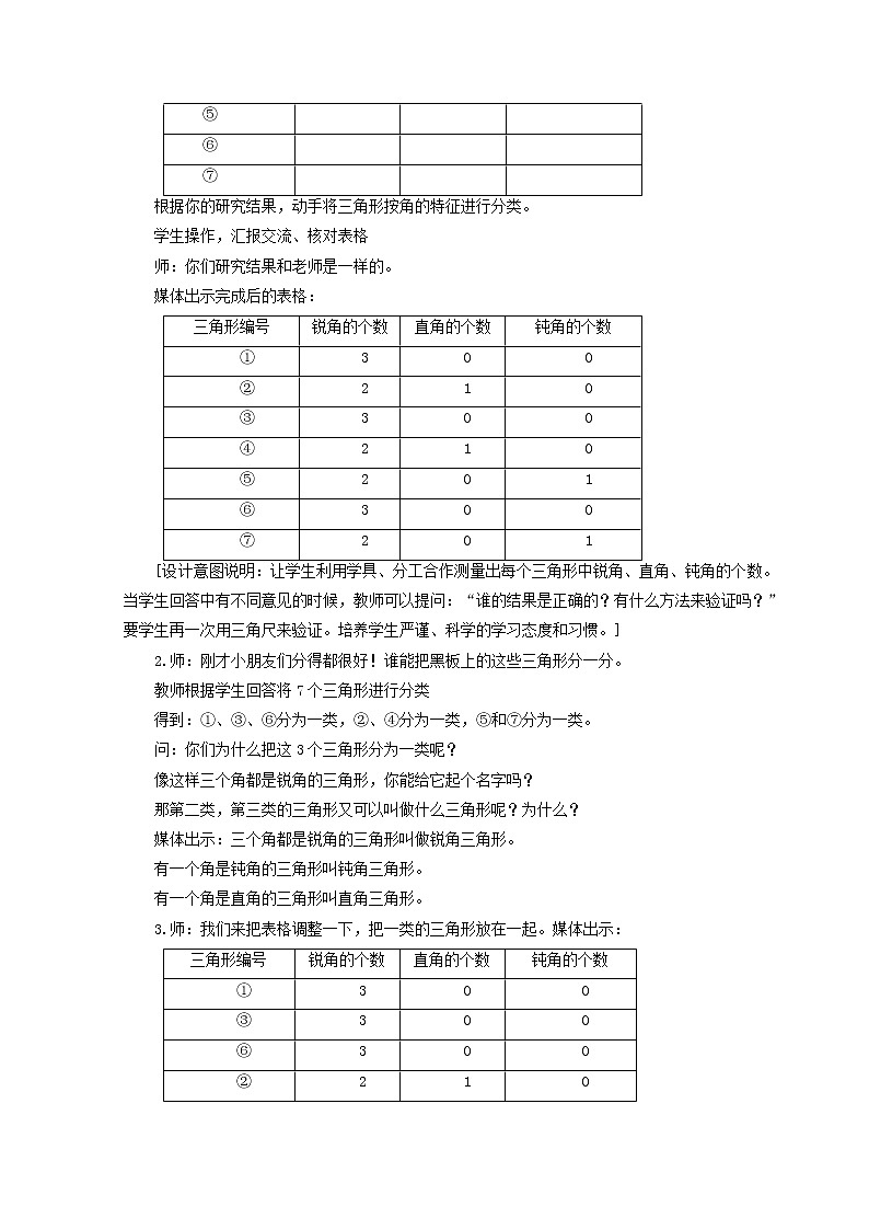 四年级下册数学教案 4.1 三角形—三角形的内角和 冀教版第3页