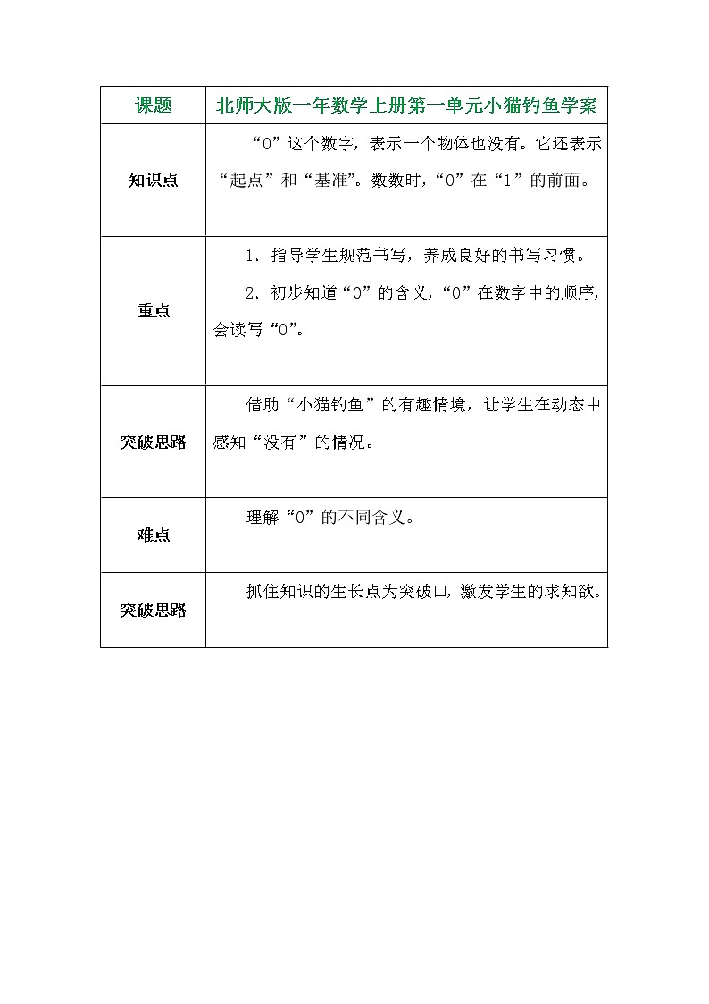 北师大版一年数学上册第一单元小猫钓鱼学案第1页
