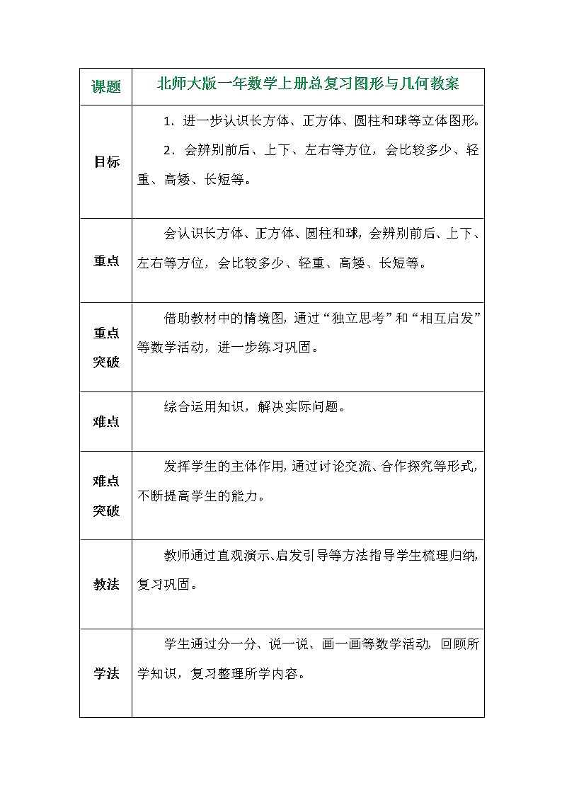 北师大版一年数学上册总复习图形与几何教案01
