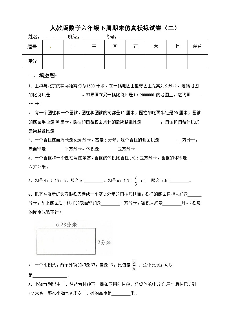 人教版数学六年级下册期末仿真模拟试卷(二)(有答案,带解析)第1页