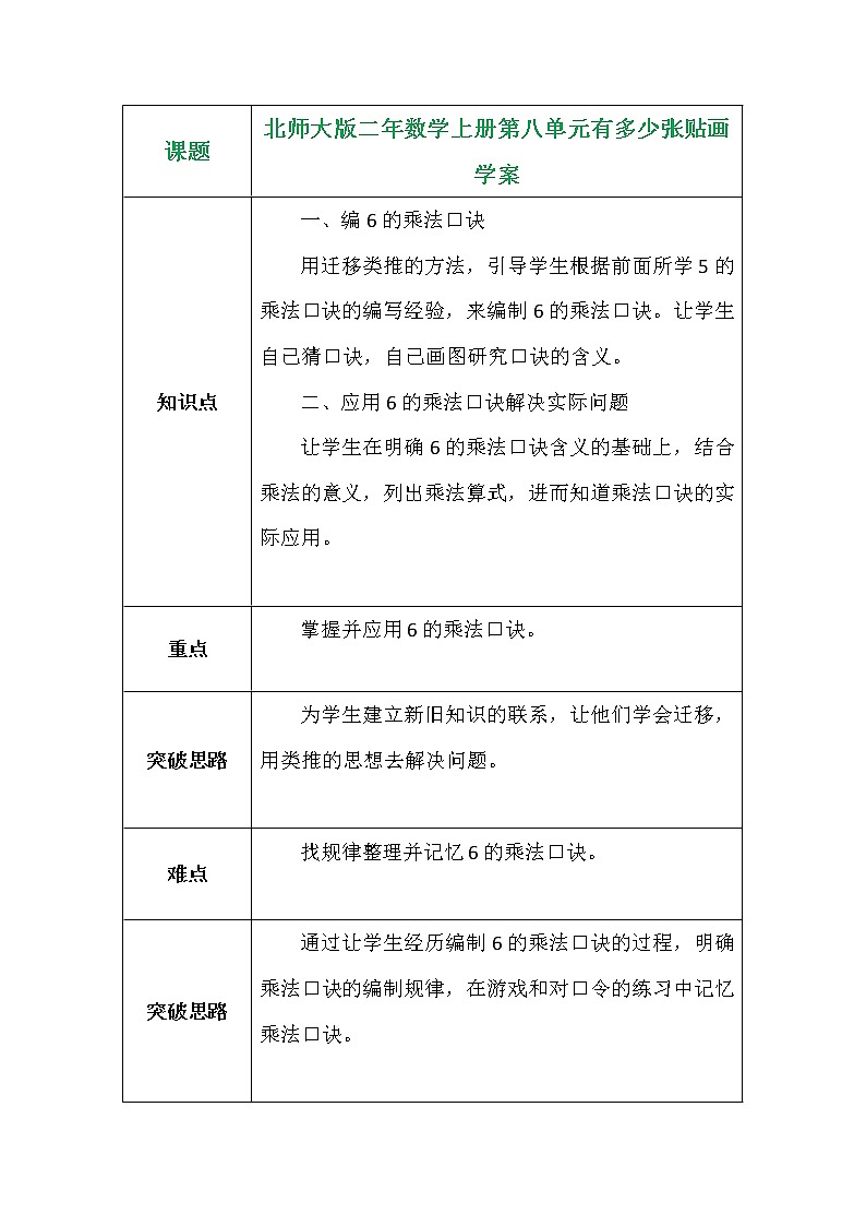 北师大版二年数学上册第八单元有多少张贴画学案01