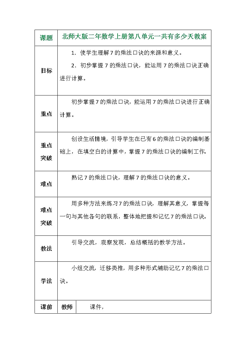 北师大版二年数学上册第八单元一共有多少天教案第1页