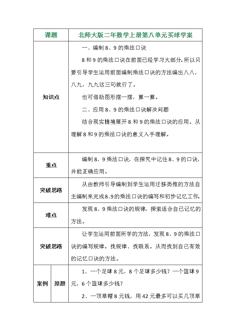 北师大版二年数学上册第八单元买球学案01