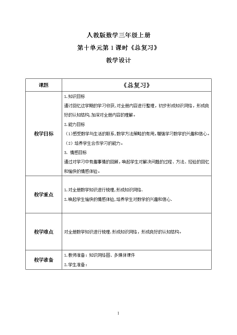 人教版数学三上10.1《总复习》课件+教案+同步练习01