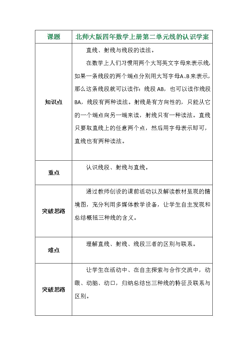 北师大版四年数学上册第二单元线的认识学案第1页