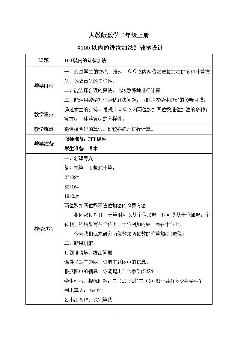人教版数学二年级上册2.2《100以内的进位加法》课件+教学设计01