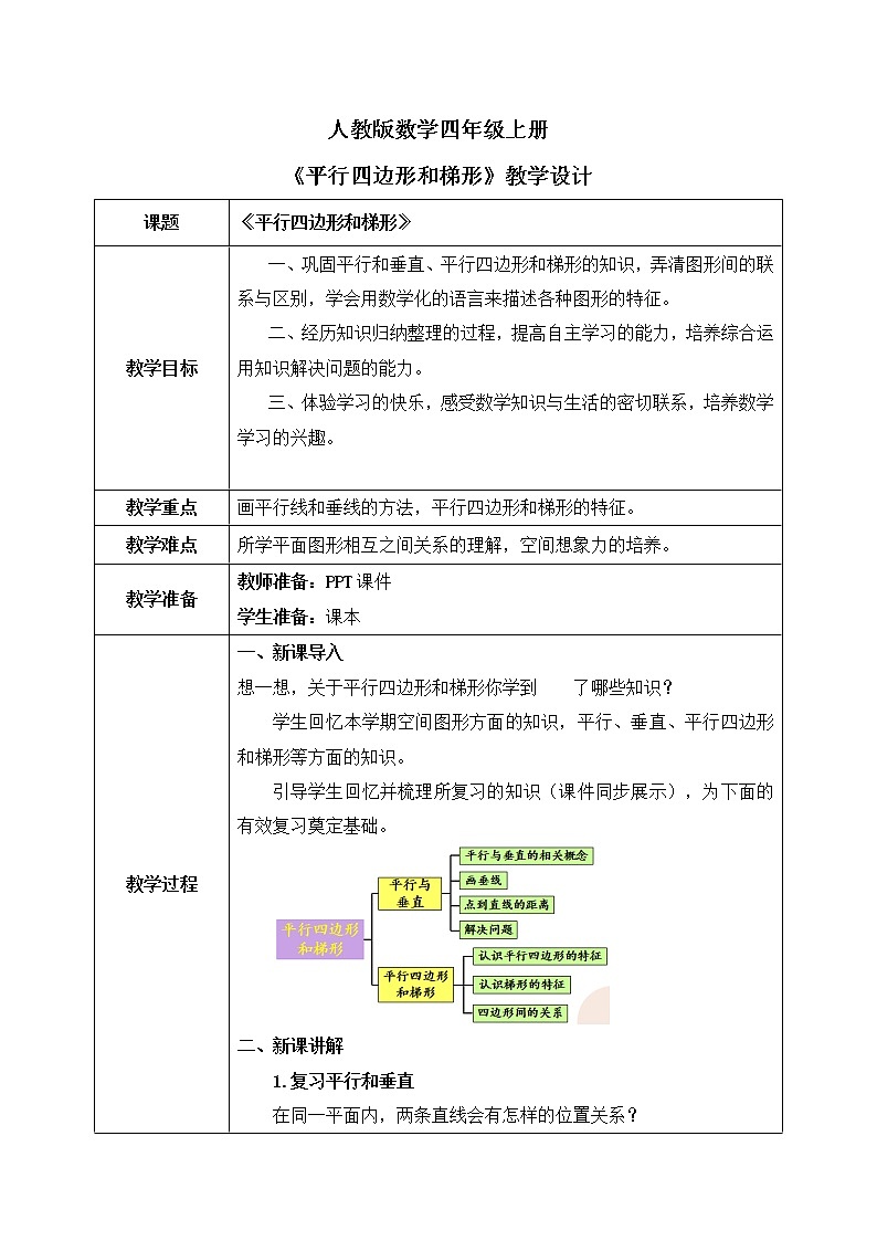 人教版数学四年级上册9.4《平行四边形和梯形》课件+教学设计01