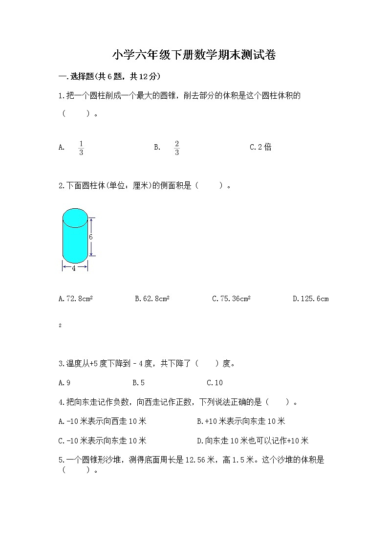 小学六年级下册数学期末测试卷精品(夺冠系列)第1页