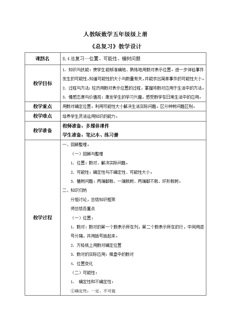 8.4《总复习—位置、可能性、植树问题》教案第1页