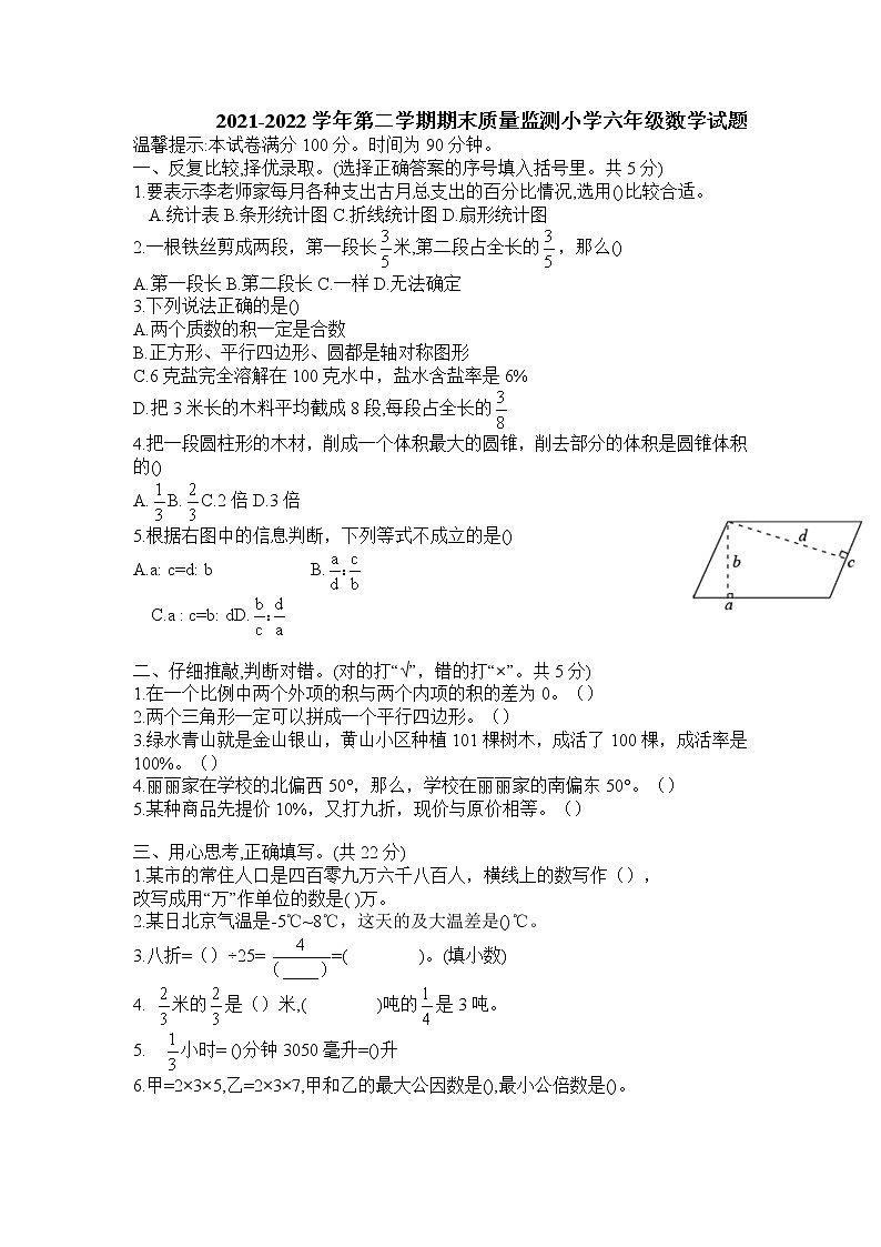 山东省济宁市邹城市2021-2022学年六年级下学期期末质量监测数学试题(无答案)第1页