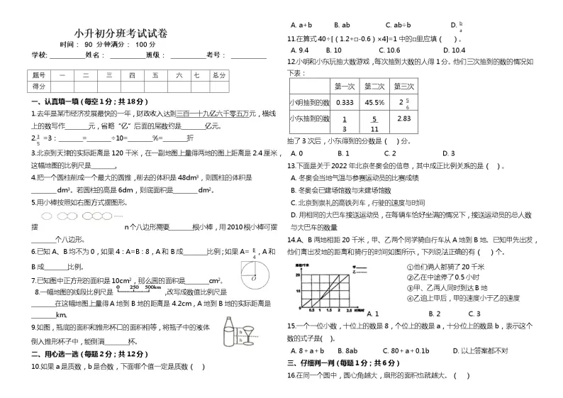 【小升初分班】2022年小升初数学分班考试试卷   人教版（含答案）01