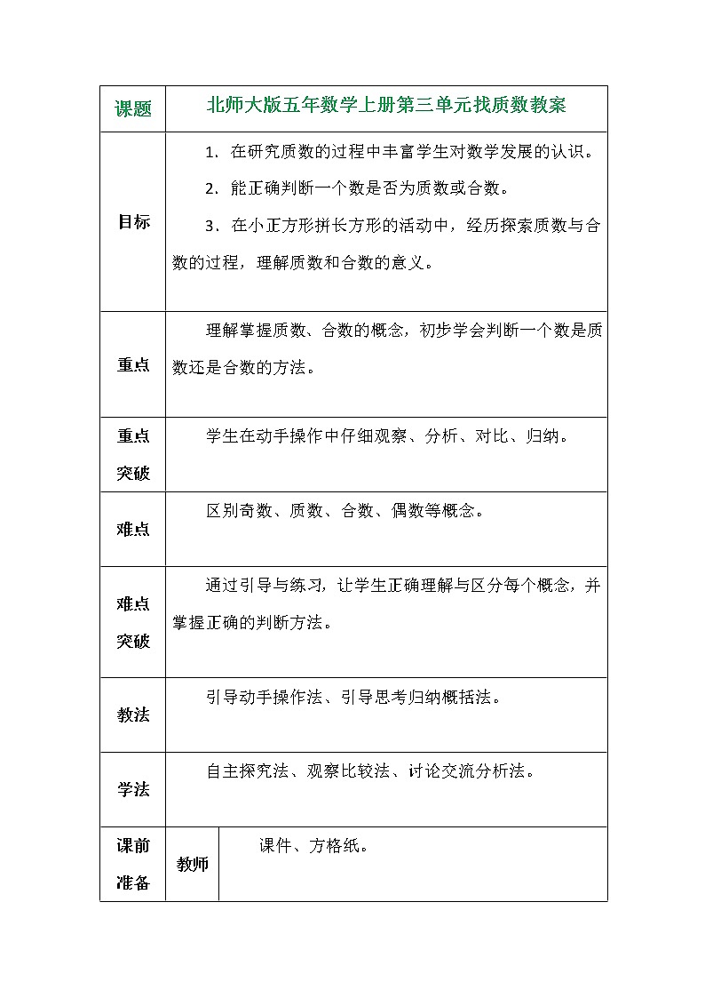 北师大版五年数学上册第三单元找质数教案01