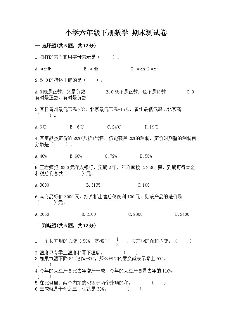 小学六年级下册数学 期末测试卷及完整答案(历年真题)第1页