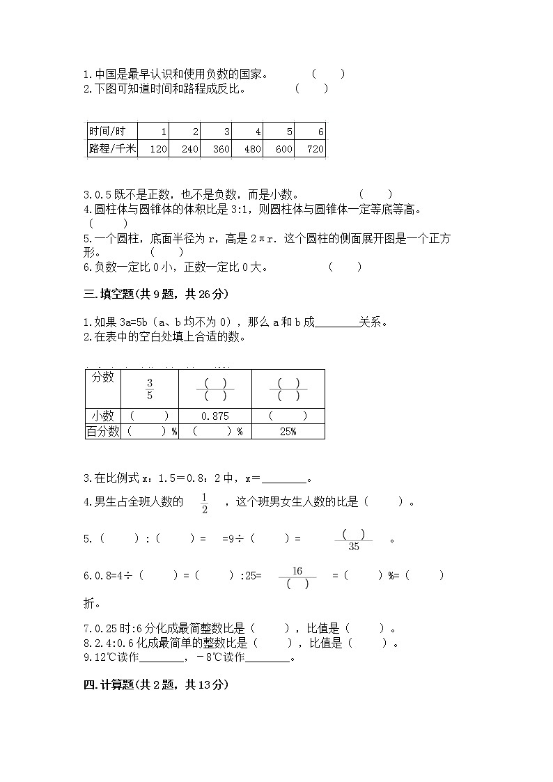 小学六年级下册数学 期末测试卷精品(网校专用)第2页