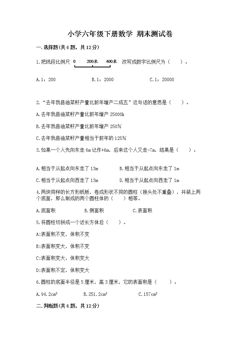 小学六年级下册数学 期末测试卷精品【名师系列】第1页
