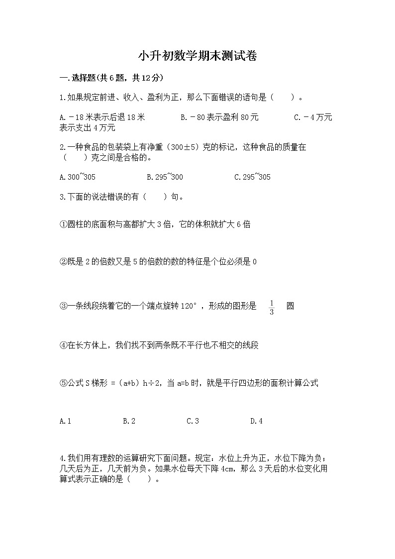 小升初数学期末测试卷(轻巧夺冠)第1页
