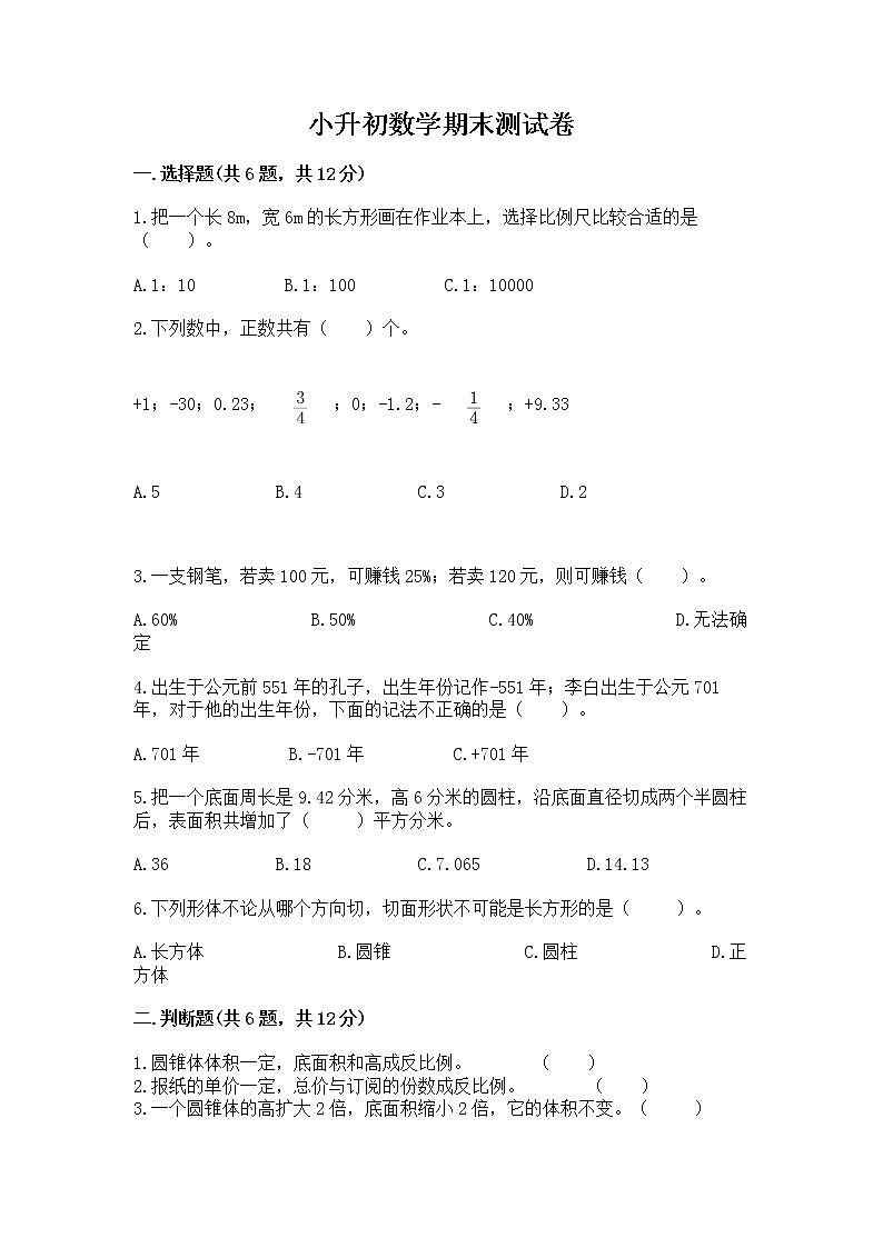 小升初数学期末测试卷(能力提升)第1页
