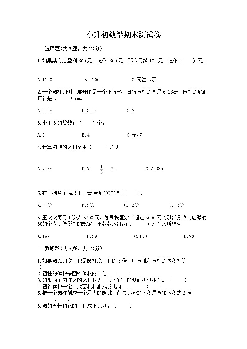 小升初数学期末测试卷附完整答案【夺冠系列】第1页