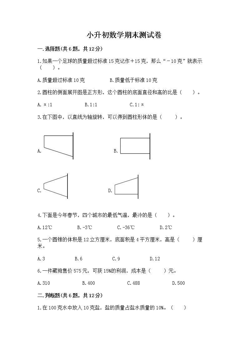小升初数学期末测试卷及答案(夺冠)第1页