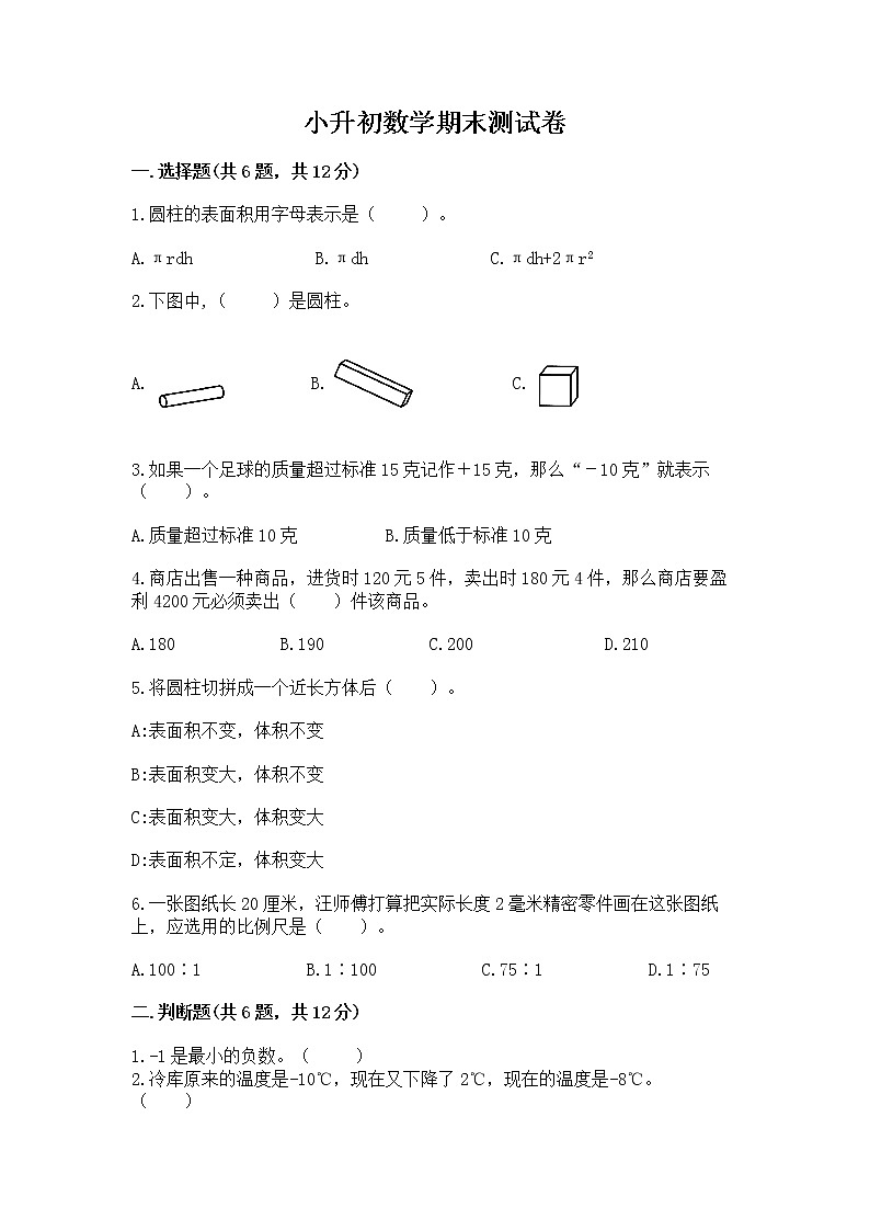 小升初数学期末测试卷含完整答案【名校卷】第1页