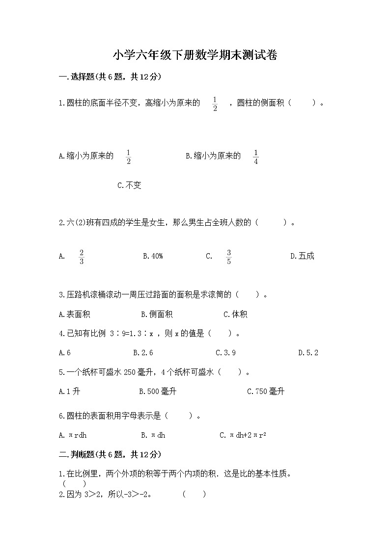 小学六年级下册数学期末测试卷精品【巩固】第1页