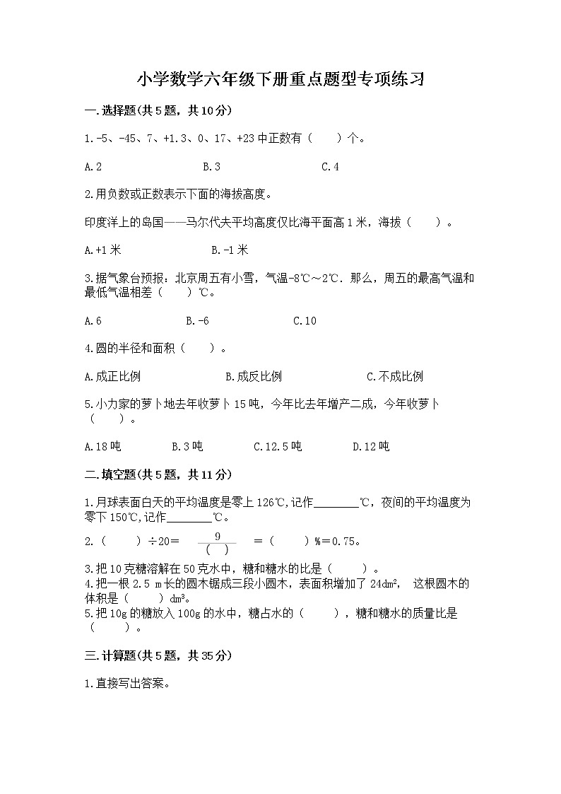 小学数学六年级下册重点题型专项练习附完整答案(必刷)第1页