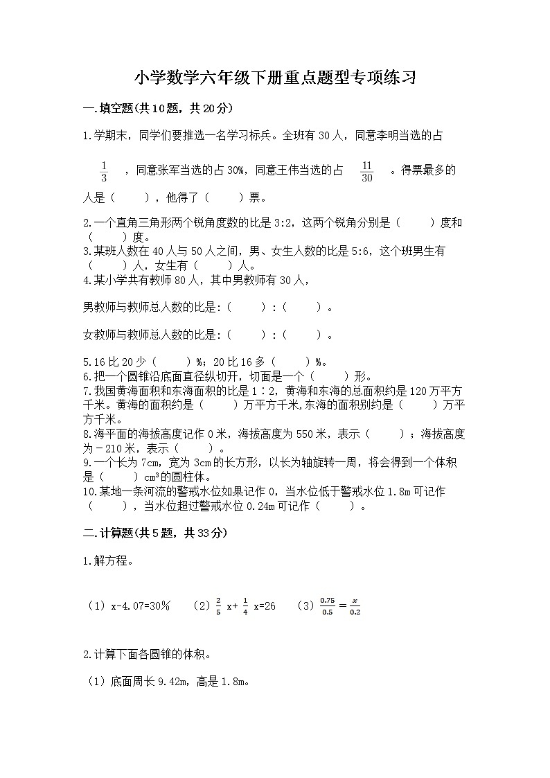 小学数学六年级下册重点题型专项练习带答案【培优】第1页