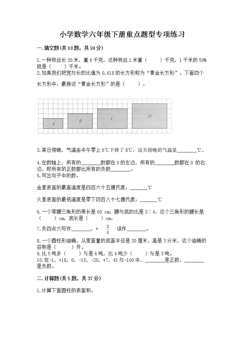 小学数学六年级下册重点题型专项练习加答案第1页