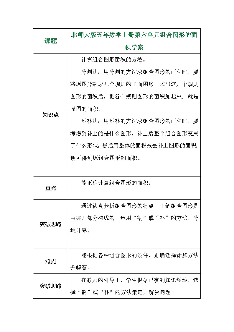 北师大版五年数学上册第六单元组合图形的面积学案第1页