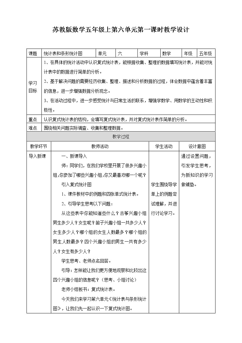 苏教版五上6.1《统计表和条形统计图》 课件+教案+导学案01