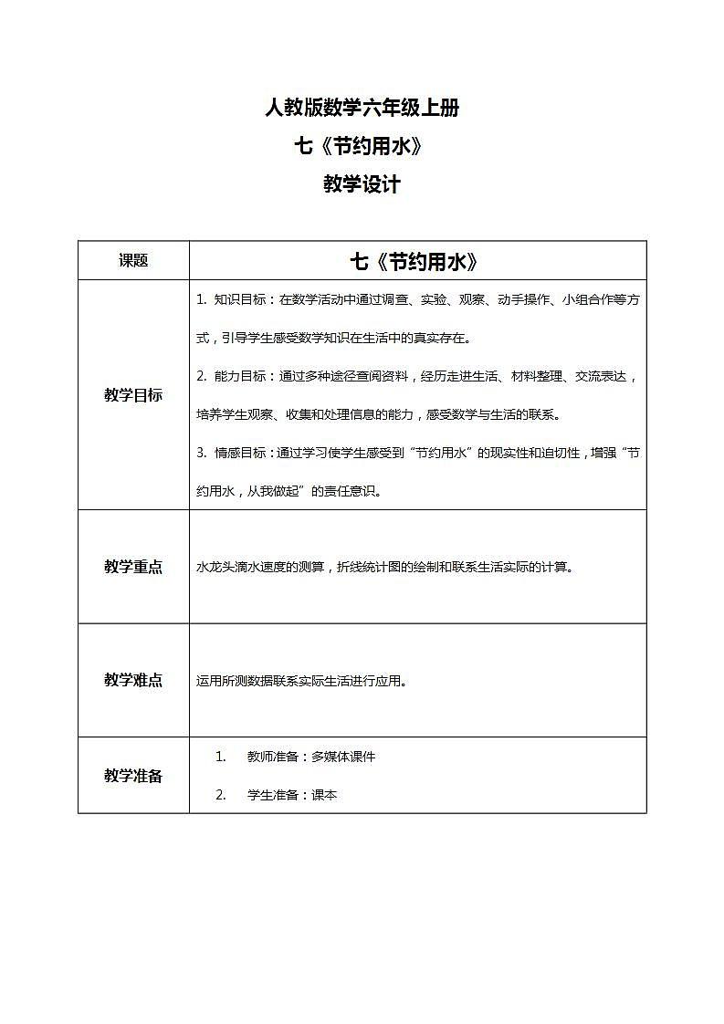 人教版小学数学六年级上册《节约用水》PPT课件+教学设计+同步练习01