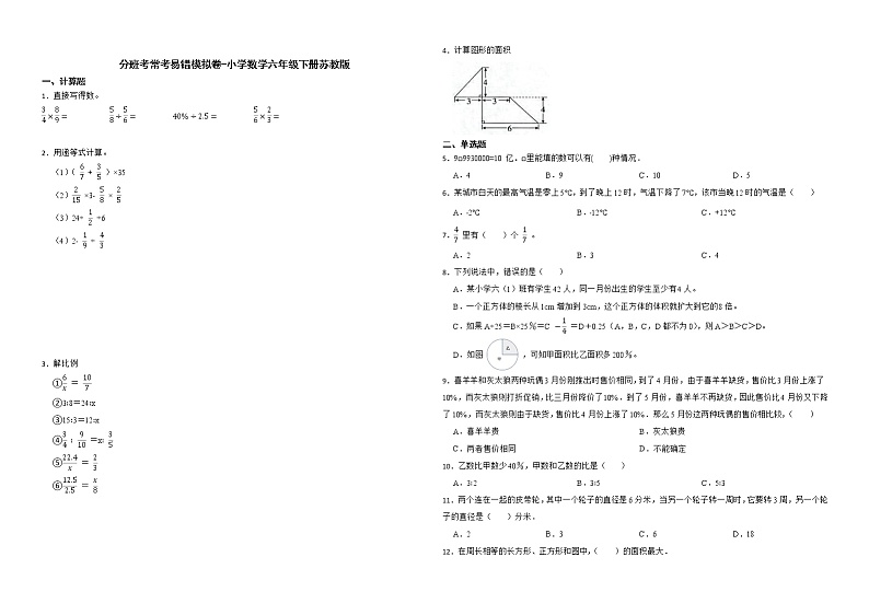 分班考常考易错模拟卷-小学数学六年级下册苏教版第1页