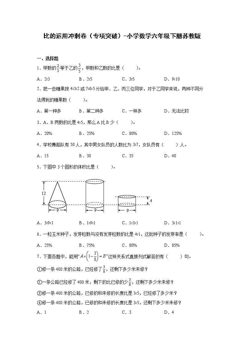 比的运用冲刺卷(专项突破)-小学数学六年级下册苏教版第1页
