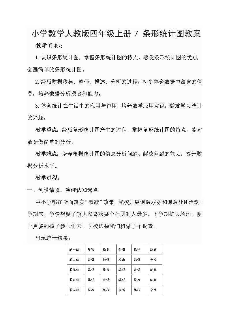 小学数学人教版四年级上册7 条形统计图教案第1页