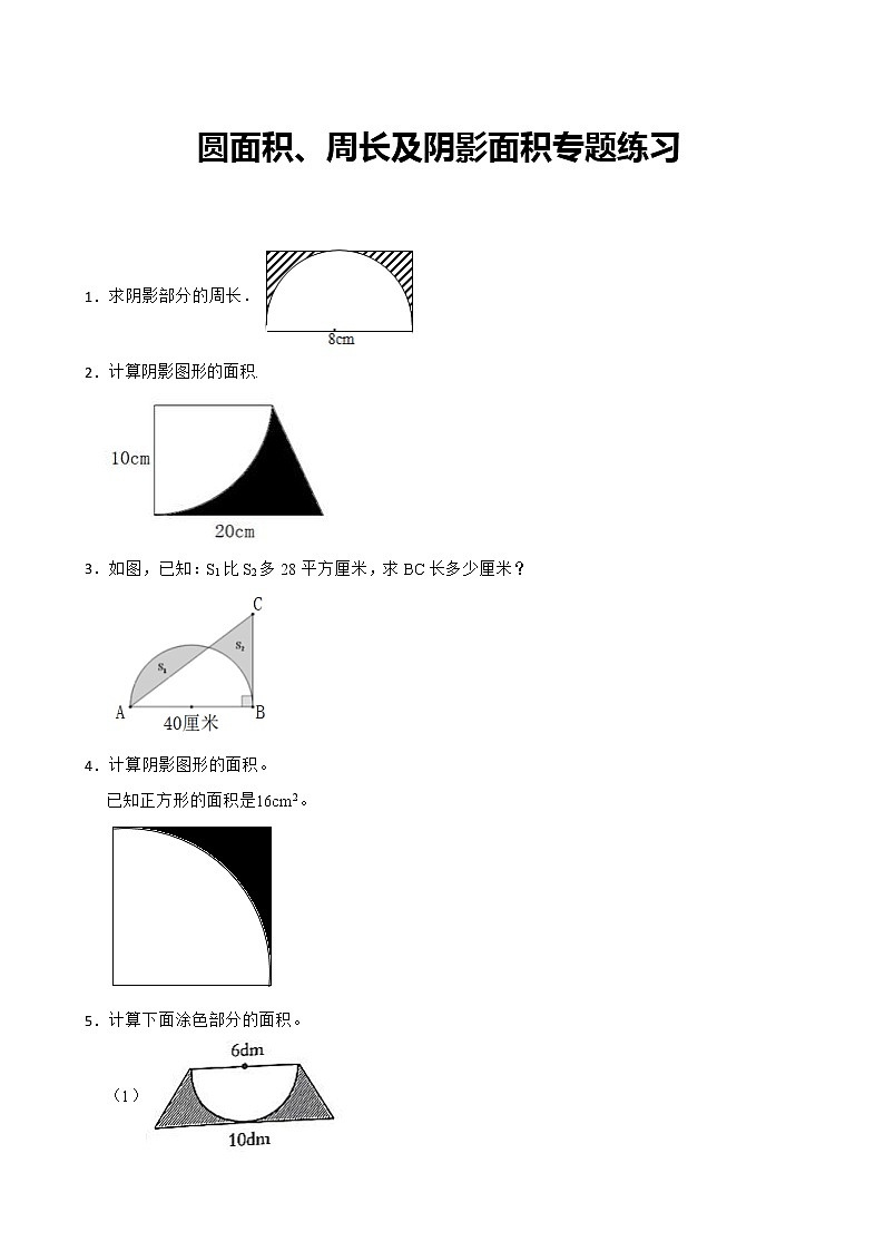 北师大六年级数学上册第一单元圆面积、周长及阴影面积专题附答案第1页