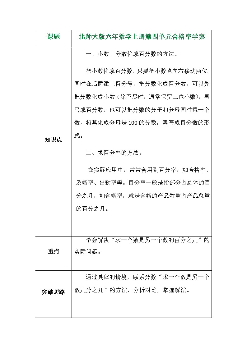 北师大版六年数学上册第四单元合格率学案01