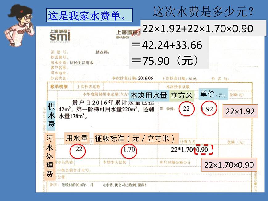 五年級上冊數(shù)學(xué)課件-6.2  小數(shù)應(yīng)用-水、電、天然氣的費(fèi)用  ▏滬教版 (共16張PPT)第8頁
