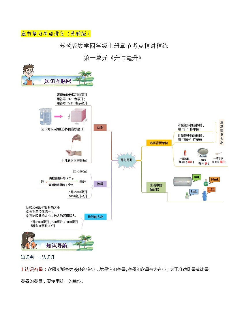 【考点讲义】第一单元《升与毫升》四年级数学上册章节复习(思维导图+知识讲解+达标训练)苏教版第1页